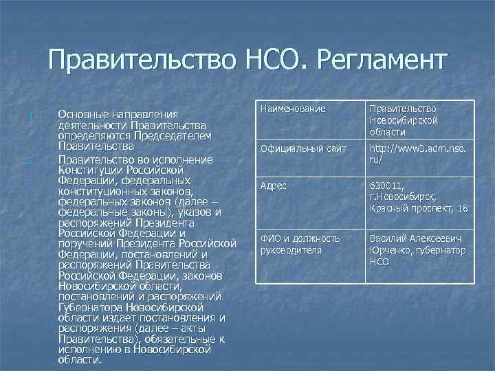 Правительство НСО. Регламент 1. 2. Основные направления деятельности Правительства определяются Председателем Правительства Правительство во