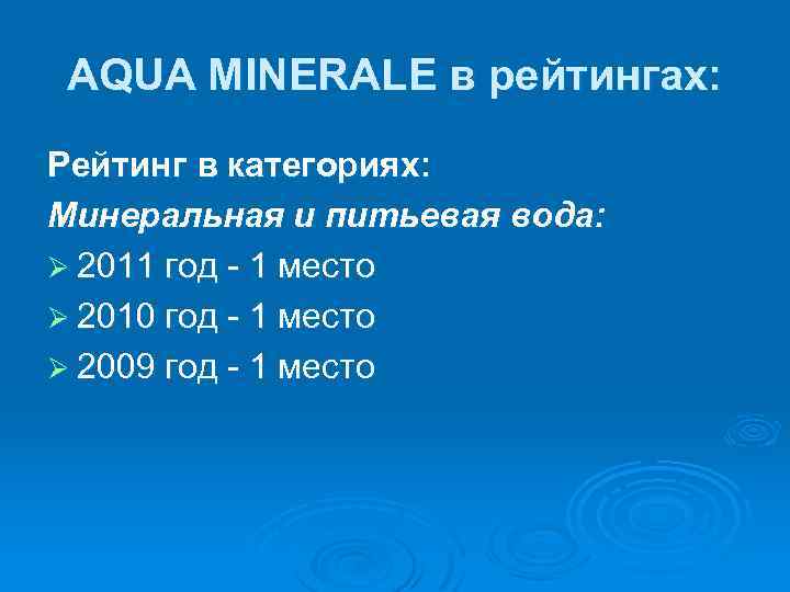 AQUA MINERALE в рейтингах: Рейтинг в категориях: Минеральная и питьевая вода: Ø 2011 год