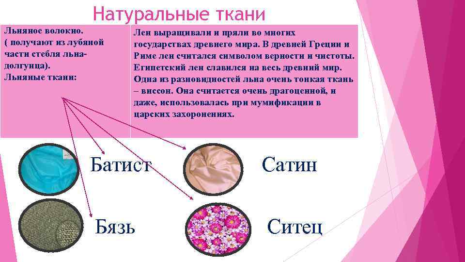 Натуральные ткани Льняное волокно. ( получают из лубяной части стебля льнадолгунца). Льняные ткани: Лен