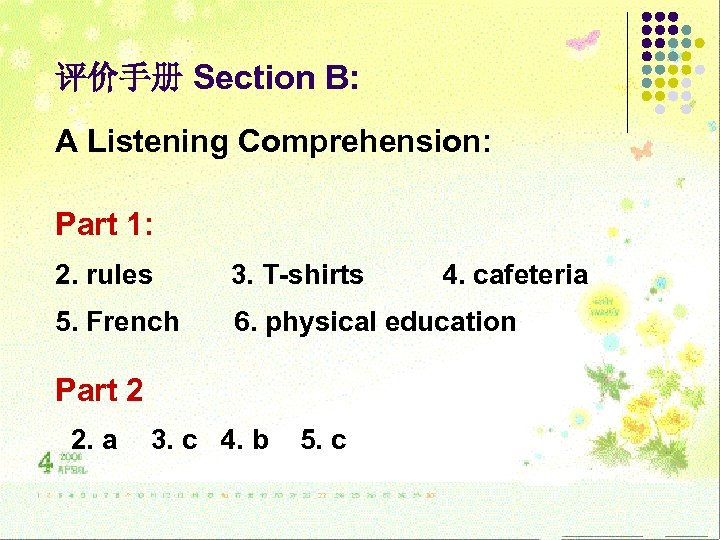 评价手册 Section B: A Listening Comprehension: Part 1: 2. rules 3. T-shirts 5. French