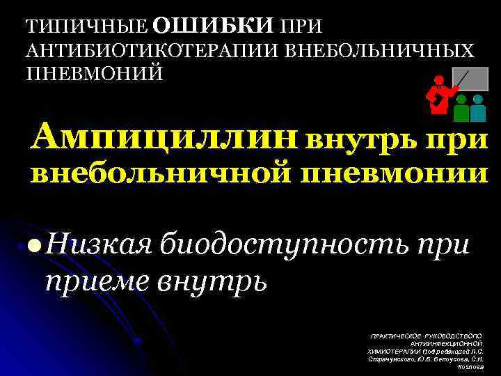 ТИПИЧНЫЕ ОШИБКИ ПРИ АНТИБИОТИКОТЕРАПИИ ВНЕБОЛЬНИЧНЫХ ПНЕВМОНИЙ Ампициллин внутрь при внебольничной пневмонии l Низкая биодоступность