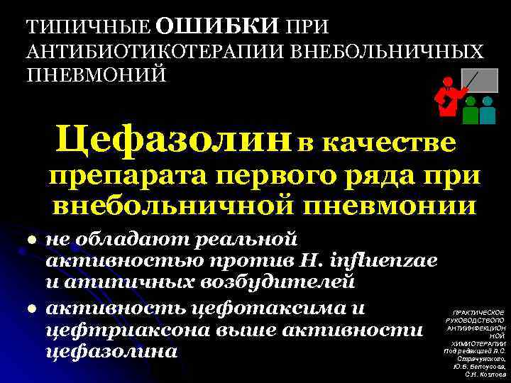 ТИПИЧНЫЕ ОШИБКИ ПРИ АНТИБИОТИКОТЕРАПИИ ВНЕБОЛЬНИЧНЫХ ПНЕВМОНИЙ Цефазолин в качестве препарата первого ряда при внебольничной