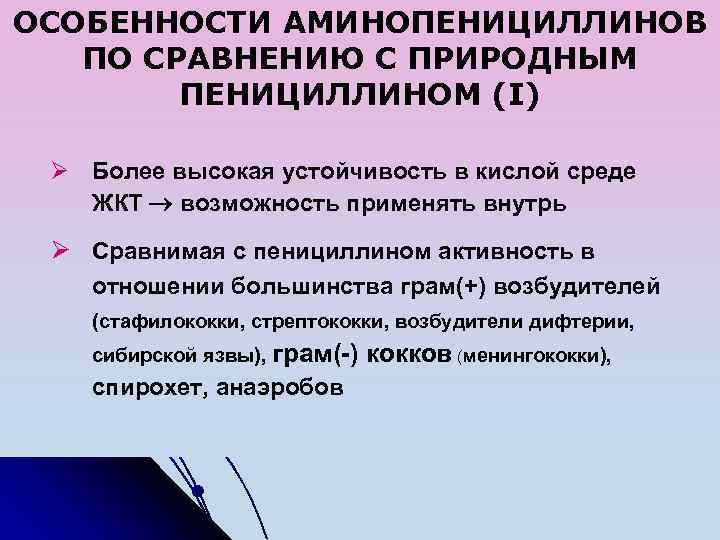 ОСОБЕННОСТИ АМИНОПЕНИЦИЛЛИНОВ ПО СРАВНЕНИЮ С ПРИРОДНЫМ ПЕНИЦИЛЛИНОМ (I) Ø Более высокая устойчивость в кислой