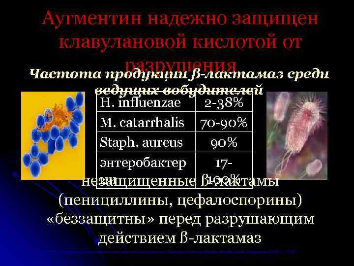 Аугментин надежно защищен клавулановой кислотой от разрушения Частота продукции ß-лактамаз среди ведущих вобудителей H.