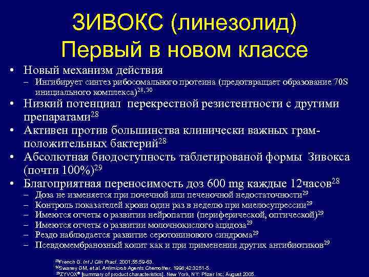 ЗИВОКС (линезолид) Первый в новом классе • Новый механизм действия – Ингибирует синтез рибосомального
