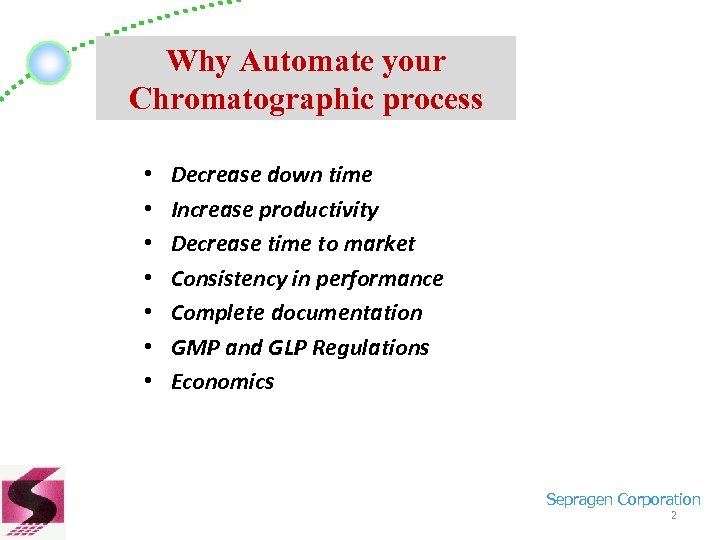 Why Automate your Chromatographic process • • Decrease down time Increase productivity Decrease time