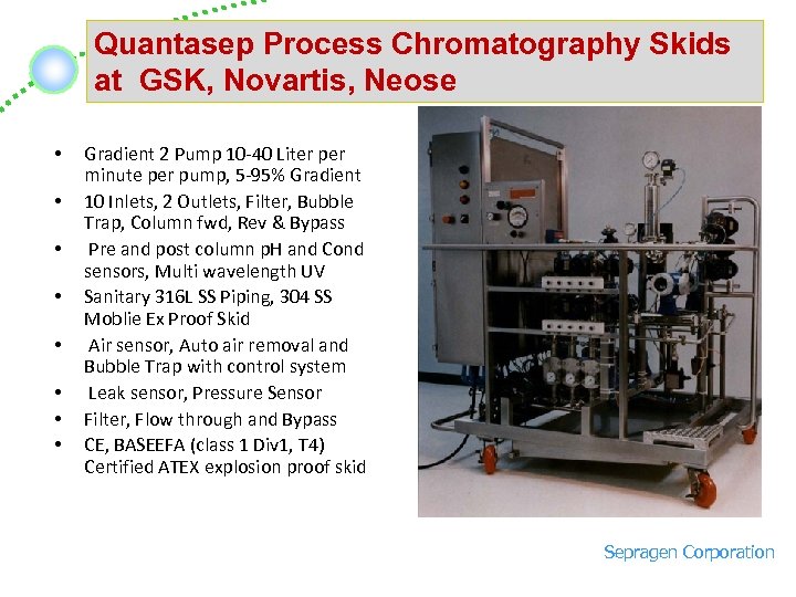 Quantasep Process Chromatography Skids at GSK, Novartis, Neose • • Gradient 2 Pump 10