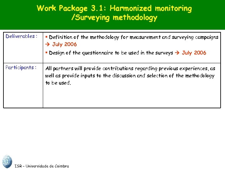 Work Package 3. 1: Harmonized monitoring /Surveying methodology Deliverables : § Definition of the
