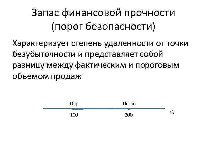 Запас финансовой прочности (порог безопасности) Характеризует степень удаленности от точки безубыточности и представляет собой