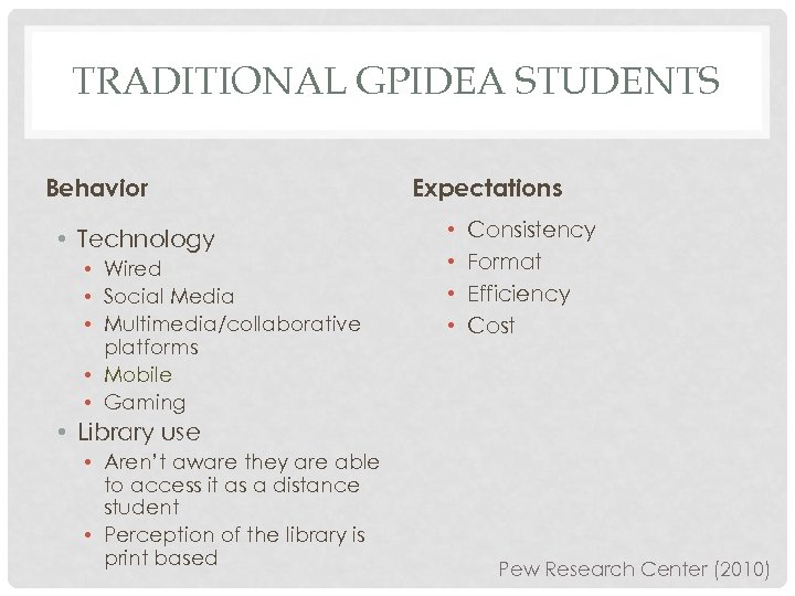 TRADITIONAL GPIDEA STUDENTS Behavior • Technology • Wired • Social Media • Multimedia/collaborative platforms