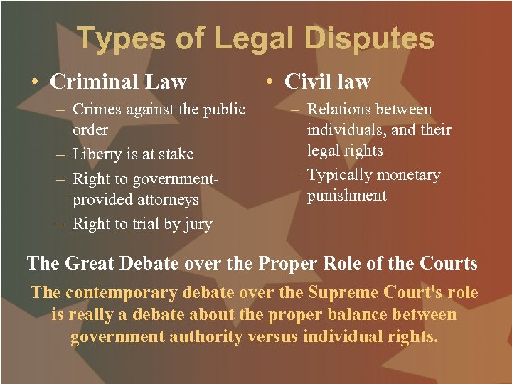 Types of Legal Disputes • Criminal Law – Crimes against the public order –