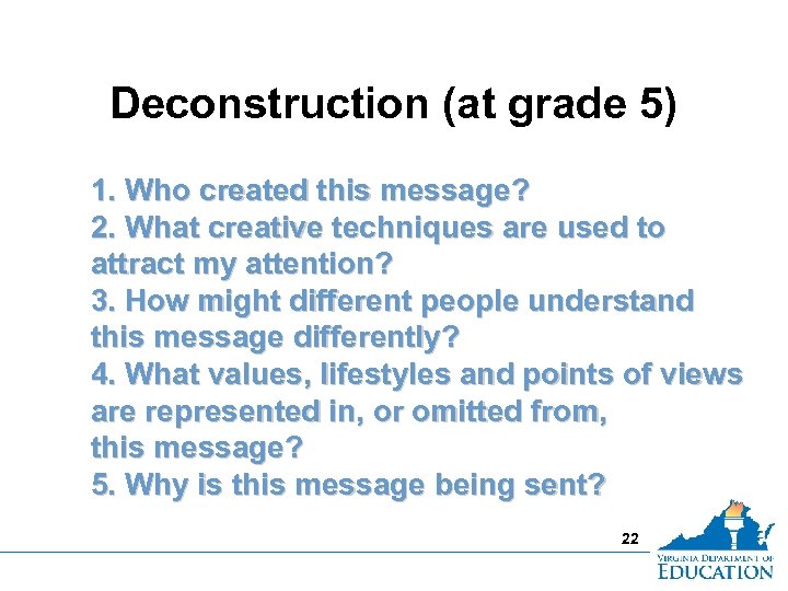 Deconstruction (at grade 5) 1. Who created this message? 2. What creative techniques are