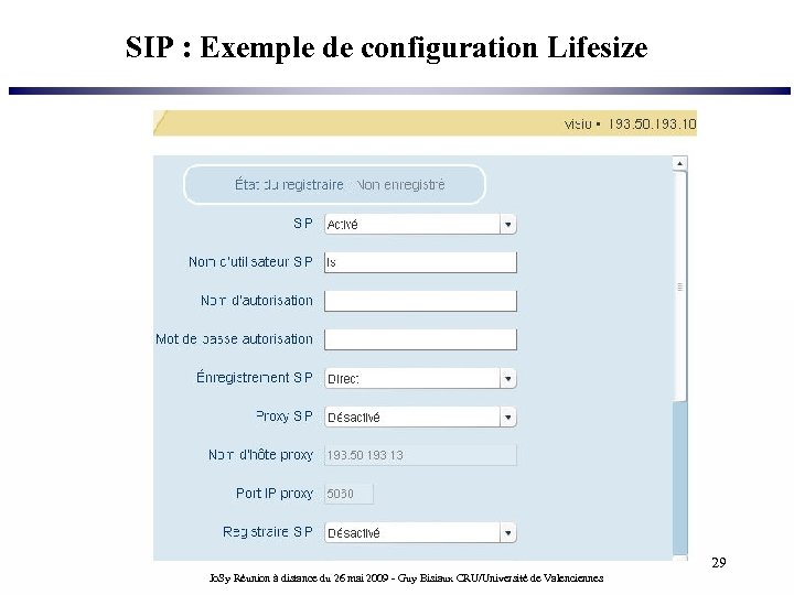SIP : Exemple de configuration Lifesize 29 Jo. Sy Réunion à distance du 26