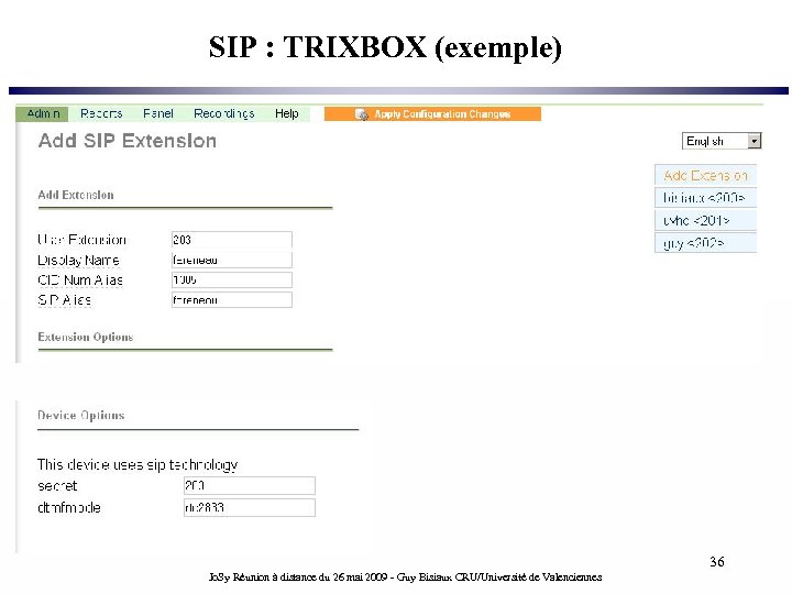 SIP : TRIXBOX (exemple) 36 Jo. Sy Réunion à distance du 26 mai 2009
