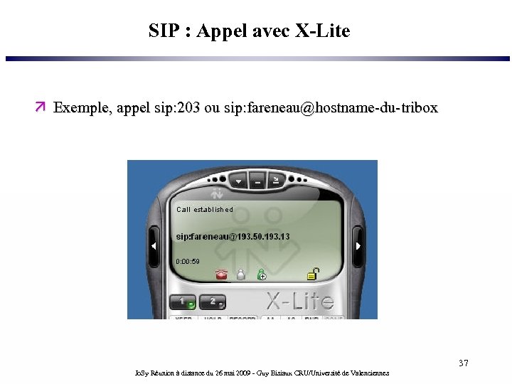 SIP : Appel avec X-Lite Exemple, appel sip: 203 ou sip: fareneau@hostname-du-tribox 37 Jo.