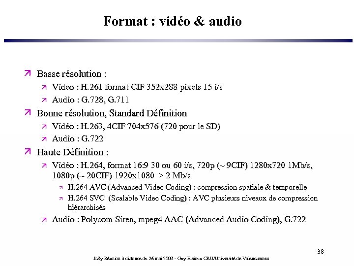 Format : vidéo & audio Basse résolution : Video : H. 261 format CIF