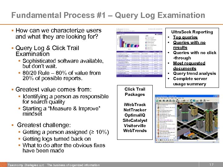 Fundamental Process #1 – Query Log Examination § How can we characterize users and