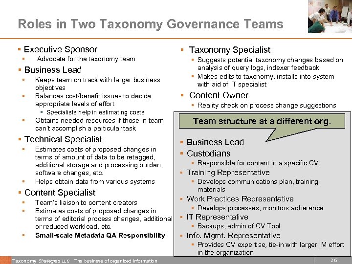 Roles in Two Taxonomy Governance Teams § Executive Sponsor § Advocate for the taxonomy