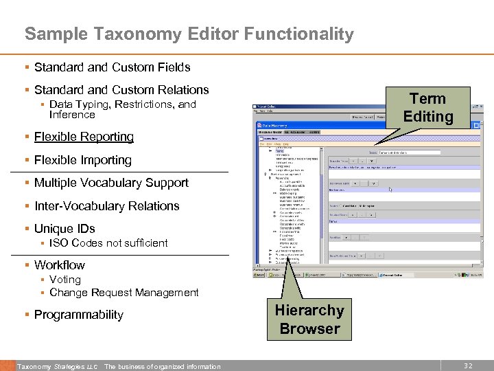 Sample Taxonomy Editor Functionality § Standard and Custom Fields § Standard and Custom Relations