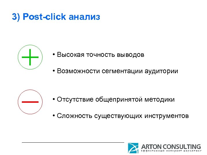 3) Post-click анализ • Высокая точность выводов • Возможности сегментации аудитории • Отсутствие общепринятой