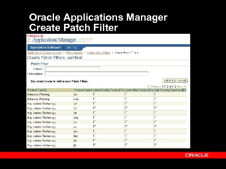 Oracle Applications Manager Create Patch Filter 