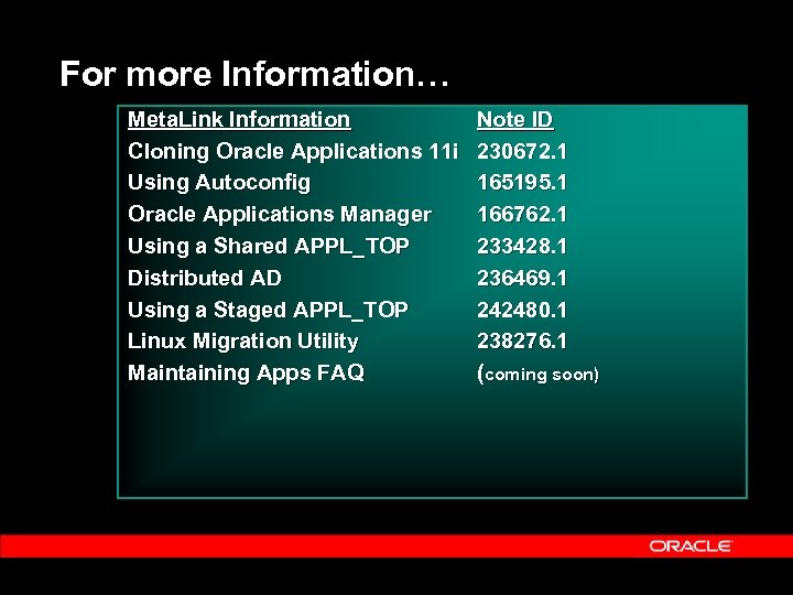 For more Information… Meta. Link Information Cloning Oracle Applications 11 i Using Autoconfig Oracle