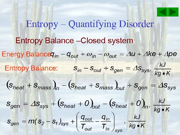 Entropy – Quantifying Disorder Entropy Balance –Closed system Energy Balance: Entropy Balance: 