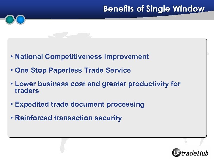 Benefits of Single Window • National Competitiveness Improvement • One Stop Paperless Trade Service