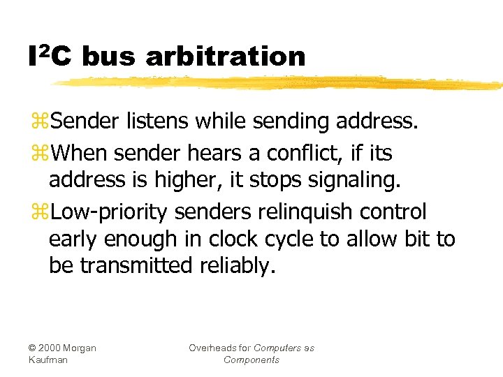 I 2 C bus arbitration z. Sender listens while sending address. z. When sender