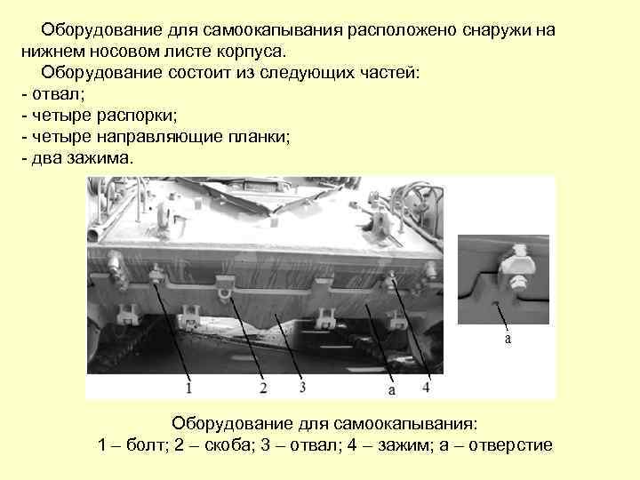  Оборудование для самоокапывания расположено снаружи на нижнем носовом листе корпуса. Оборудование состоит из