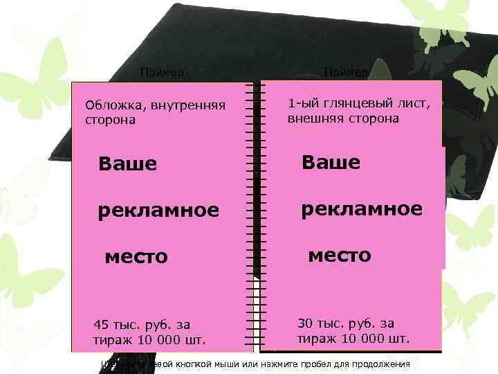 Пример Обложка, внутренняя сторона Пример 1 -ый глянцевый лист, внешняя сторона Ваше рекламное место