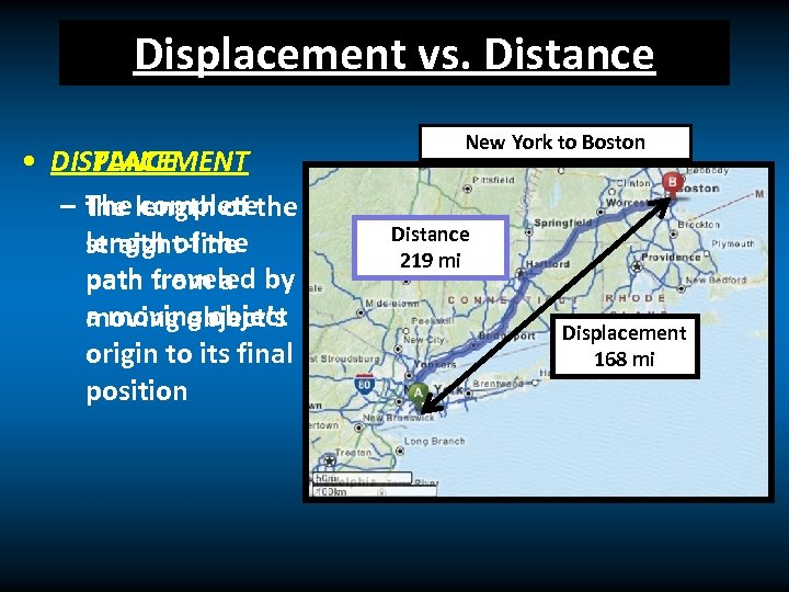 Displacement vs. Distance DISPLACEMENT • DISTANCE – The length of the complete length of