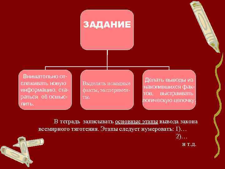 ЗАДАНИЕ Внимательно отслеживать новую информацию, стараться её осмыслить. Выделять исходные факты, эксперименты. Делать выводы