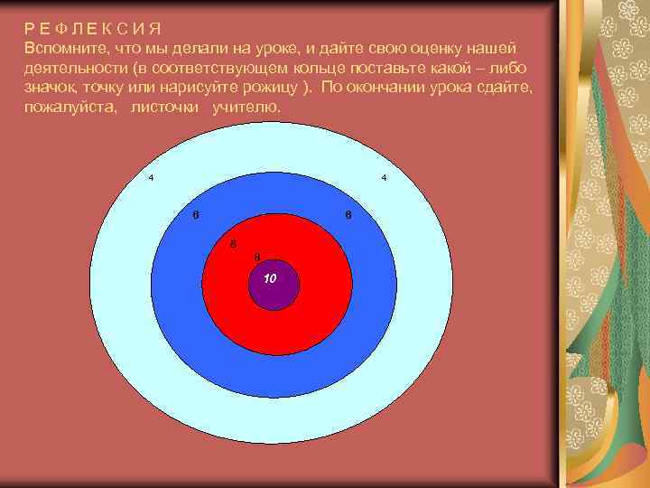 РЕФЛЕКСИЯ Вспомните, что мы делали на уроке, и дайте свою оценку нашей деятельности (в