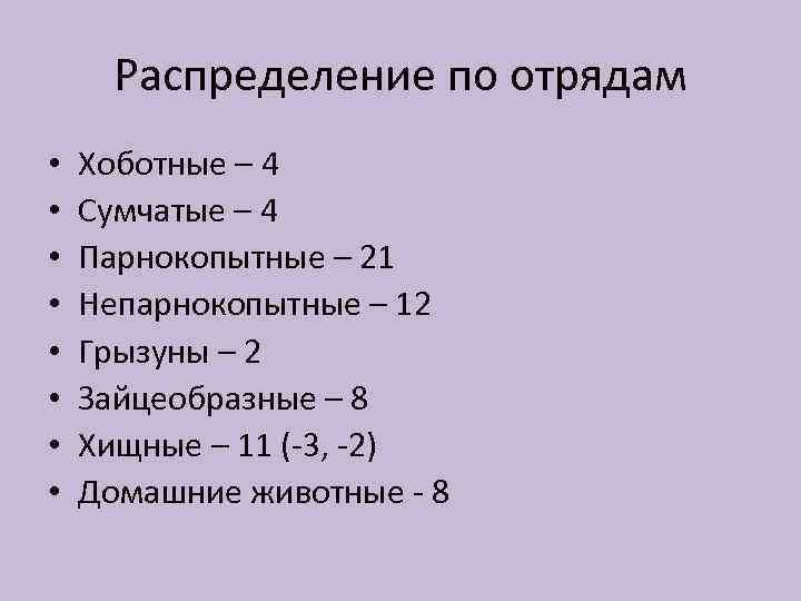 Распределение по отрядам • • Хоботные – 4 Сумчатые – 4 Парнокопытные – 21