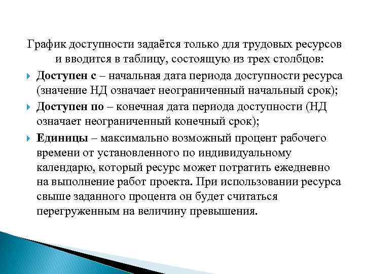 График доступности задаётся только для трудовых ресурсов и вводится в таблицу, состоящую из трех