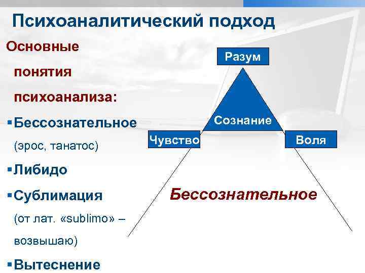 Психоаналитический подход Основные Разум понятия психоанализа: Сознание § Бессознательное (эрос, танатос) Чувство Воля §