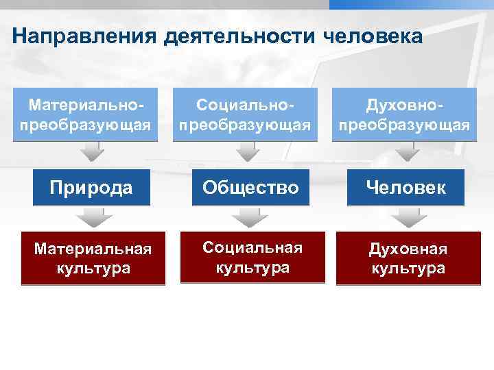 Направления деятельности человека Материальнопреобразующая Социальнопреобразующая Духовнопреобразующая Природа Общество Человек Материальная культура Социальная культура Духовная