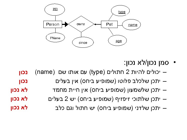  PID type Pet name age owns Person PName since • סמן נכון/לא נכון: