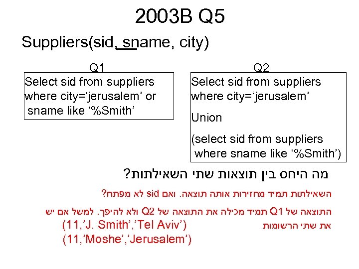 2003 B Q 5 Suppliers(sid, sname, city) Q 1 Select sid from suppliers where