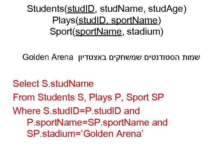 Students(stud. ID, stud. Name, stud. Age) Plays(stud. ID, sport. Name) Sport(sport. Name, stadium) Golden