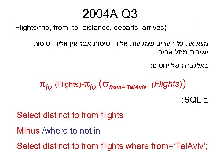 2004 A Q 3 Flights(fno, from, to, distance, departs, arrives) מצא את כל הערים