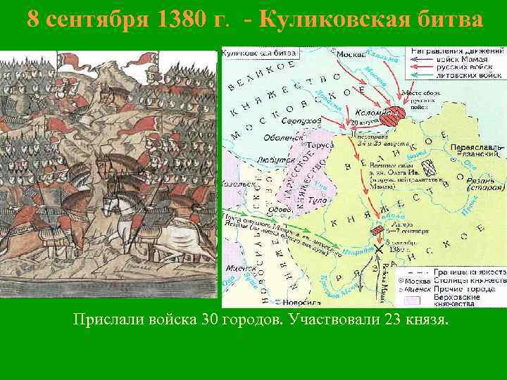 8 сентября 1380 г. - Куликовская битва Прислали войска 30 городов. Участвовали 23 князя.