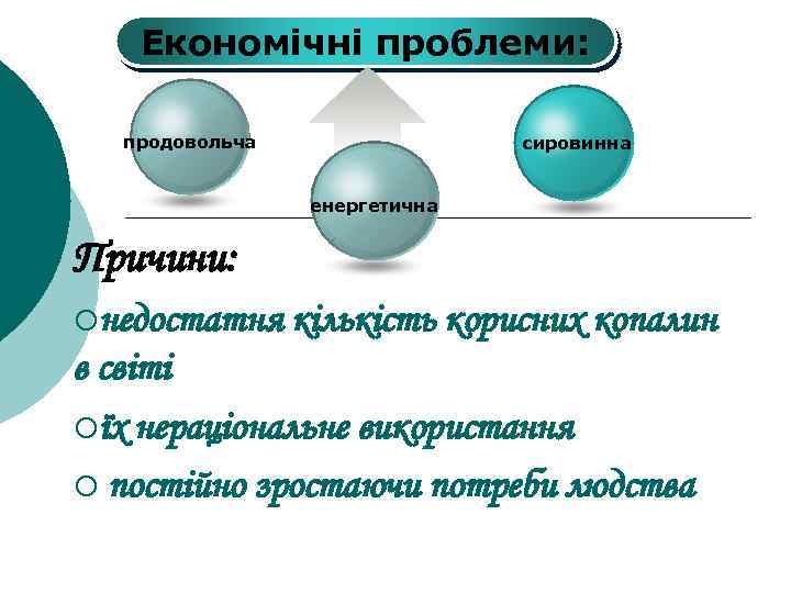 Економічні проблеми: продовольча сировинна енергетична Причини: ¡недостатня кількість корисних копалин в світі ¡їх нераціональне