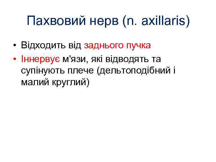 Пахвовий нерв (n. axillaris) • Відходить від заднього пучка • Іннервує м'язи, які відводять