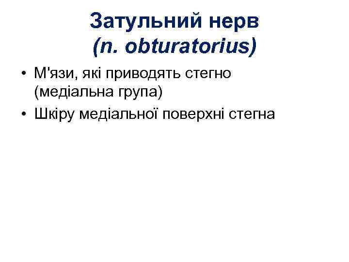 Затульний нерв (n. obturatorius) • М'язи, які приводять стегно (медіальна група) • Шкіру медіальної