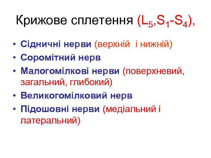 Крижове сплетення (L 5, S 1 -S 4), • Сідничні нерви (верхній і нижній)