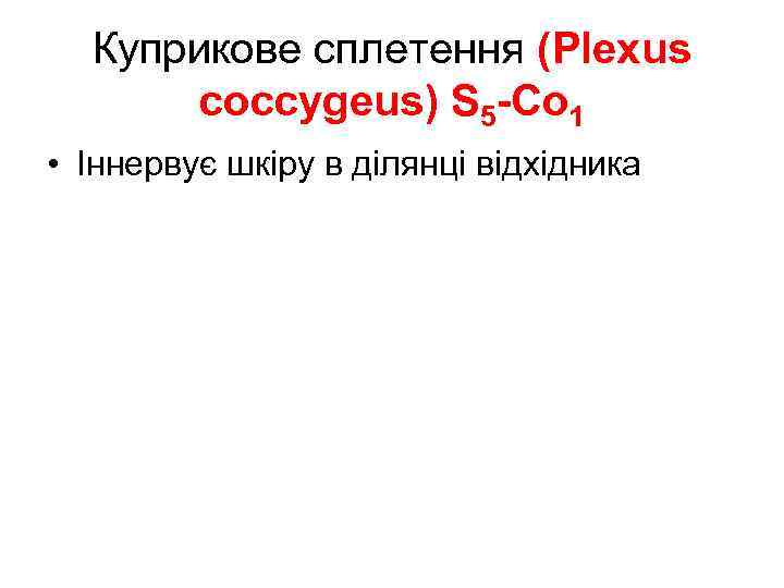 Куприкове сплетення (Plexus coccygeus) S 5 -Co 1 • Іннервує шкіру в ділянці відхідника