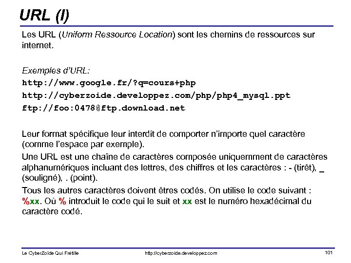 URL (I) Les URL (Uniform Ressource Location) sont les chemins de ressources sur internet.