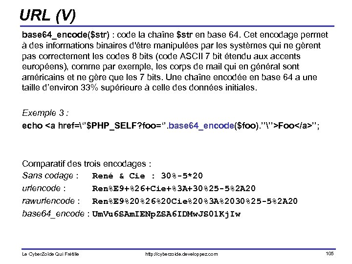 URL (V) base 64_encode($str) : code la chaîne $str en base 64. Cet encodage